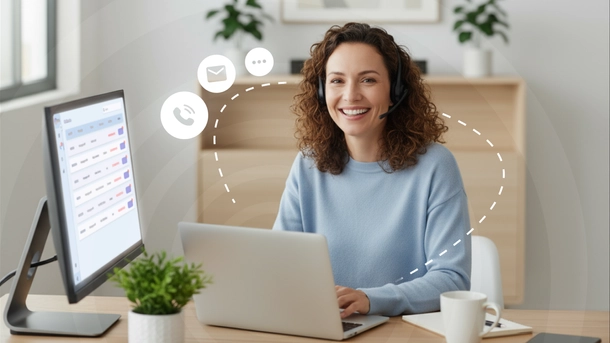 Zadowolona kobieta pracuje przy swoim biurku na laptopie.